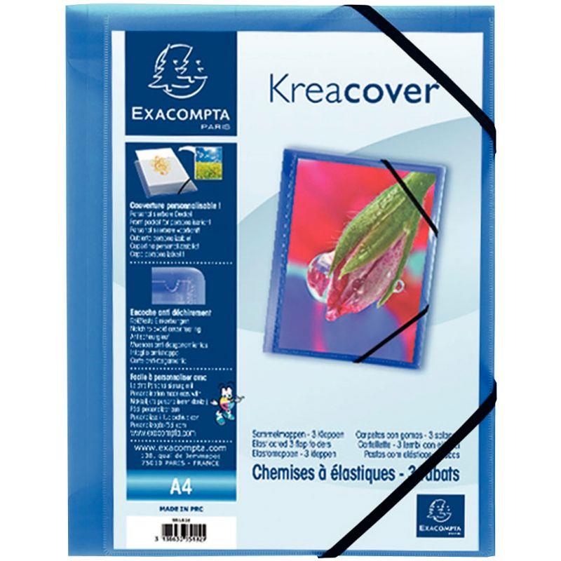 Ref. 04948, Chemise 3 rabats à élastiques personnalisable KREACOVER en polypropylène bleu, Bleu, marque EXACOMPTA