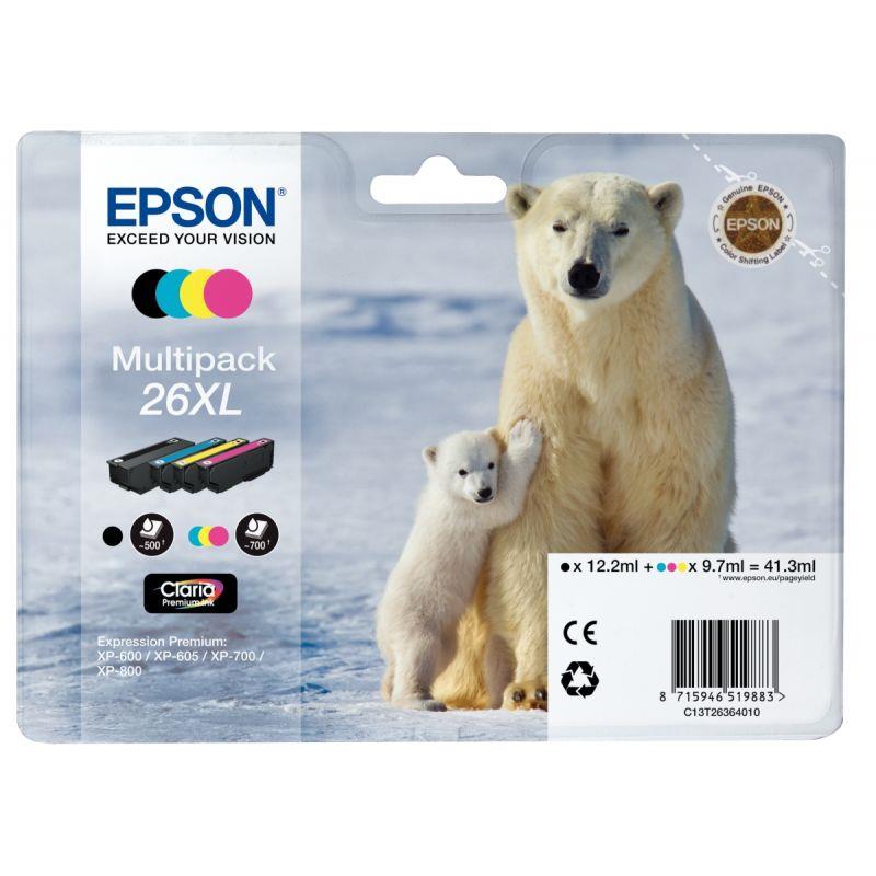 Ref. 21157, Epson OURS POLAIRE / 26XL lot 4 cartouches encre NCMJ haute capacité authentique T263640, Assorties, marque EPSON