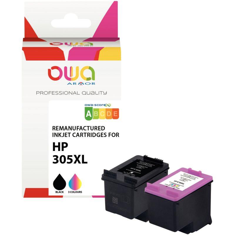 Ref. 45111, OWA lot 2 cart encre noir et couleur hte capa remanufacturées compatibles HP 305XL 3YM62AE/3YM63AE, marque ARMOR