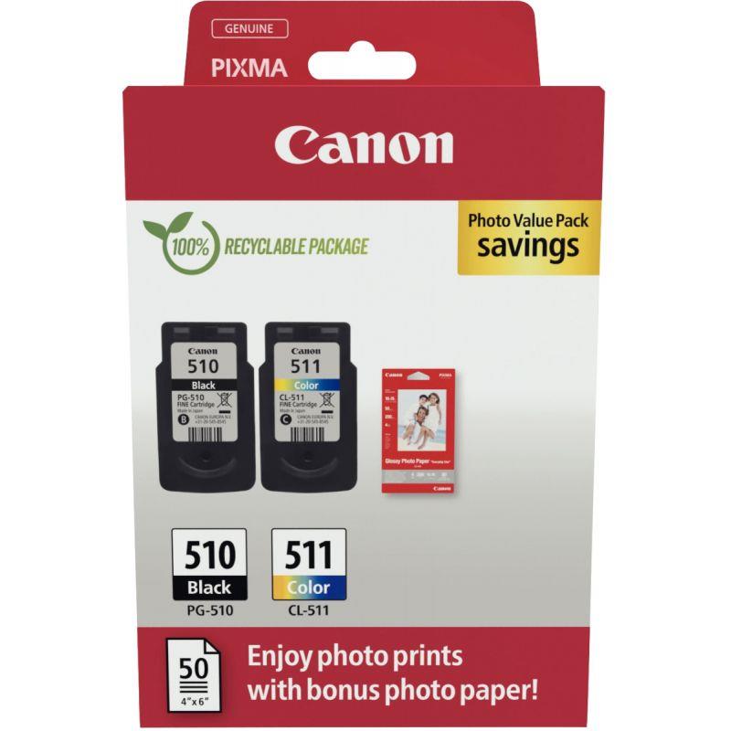 Ref. 55406, Canon 510 / 511 pack de 2 cartouches jet d''encre noire & couleurs authentique (PG510BK / CL511CMJ), marque CANON