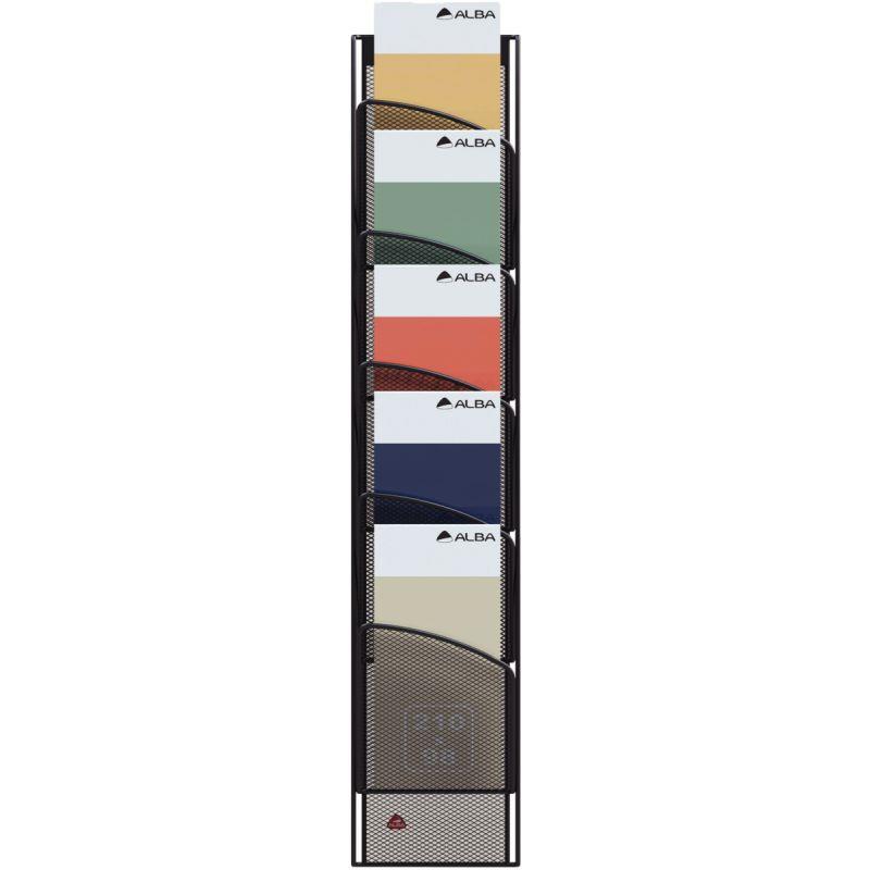 Ref. 55975, Présentoir mural 5 compartiments 1/3  A4 vertical MESH en métal noir à la française, marque ALBA