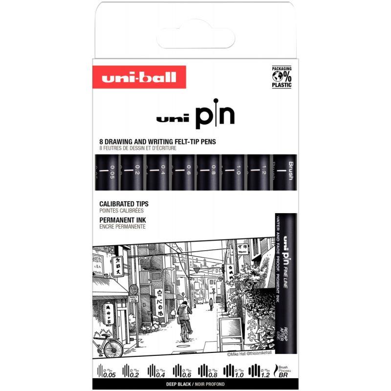 Ref. 56308, Pochette 8 feutres Uni Pin Pointes assorties plus brush noir, marque UNIBALL