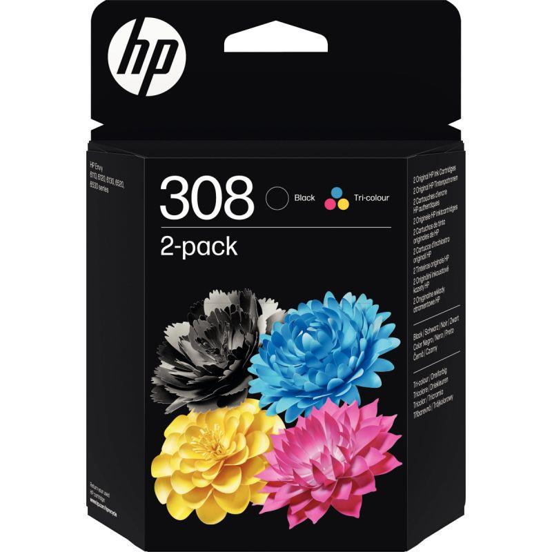 Ref. 56789, HP 308 pack de 2 cartouches d''encre noire et trois couleurs authentiques (6L6S6UE), marque HP