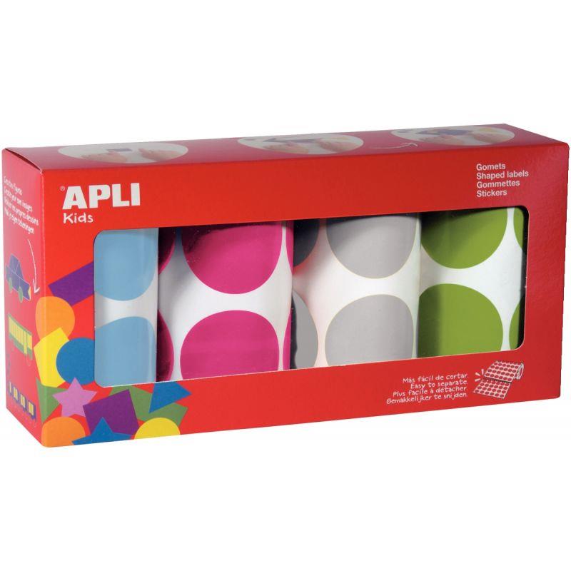 Ref. 56832, Lot de 4 rouleaux de gommettes XXL rondes Ø45mm assorties, marque APLI