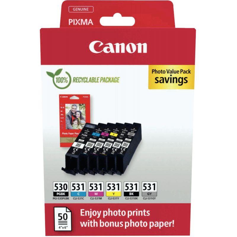 Ref. 57098, Canon 530/531 lot 6 cartouches encre noir photo, noir, cyan, magenta, jaune et grise authentique, marque CANON