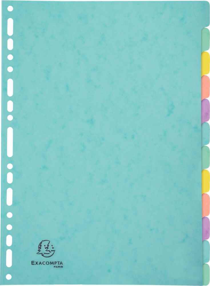 Ref. 57618, Jeu de 12 intercalaires AQUAREL en carte lustrée 400g pour format A4, marque EXACOMPTA