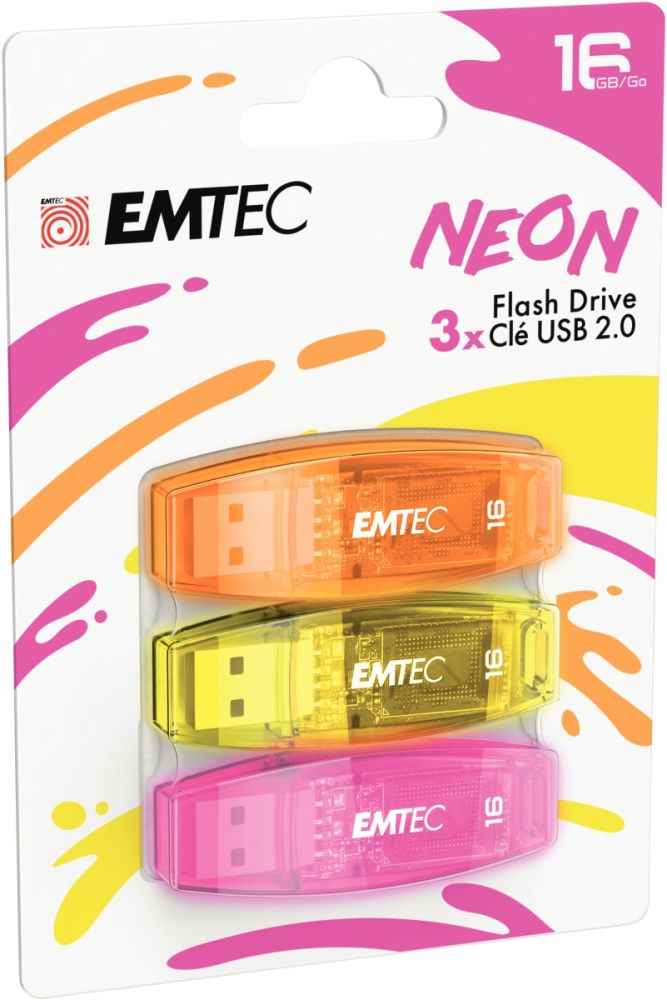 Ref. 57641, Lot de 3 clés USB EMTEC C410 Néon 16Go, marque EMTEC