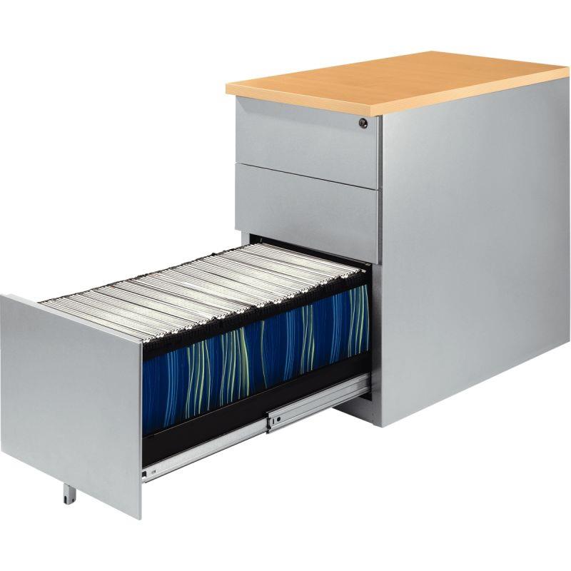 Ref. 95310, Caisson métal dessus mélamine 3 tiroirs hauteur bureau P60cm plateau hêtre clair/corps alu, marque N.C