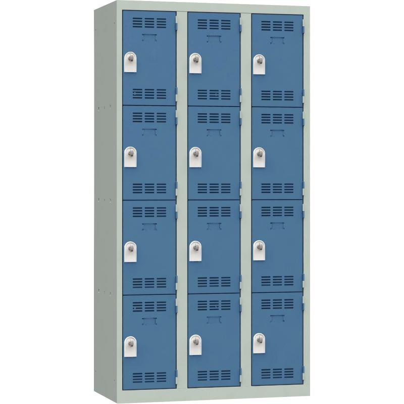 Ref. 95682, Vestiaire d''atelier 3 colonnes 12 cases industrie propre L90cm portes bleu/corps gris, marque N.C