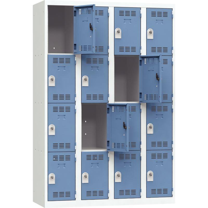 Ref. 95684, Vestiaire d''atelier 4 colonnes 16 cases industrie propre L120cm portes bleu/corps gris, marque N.C