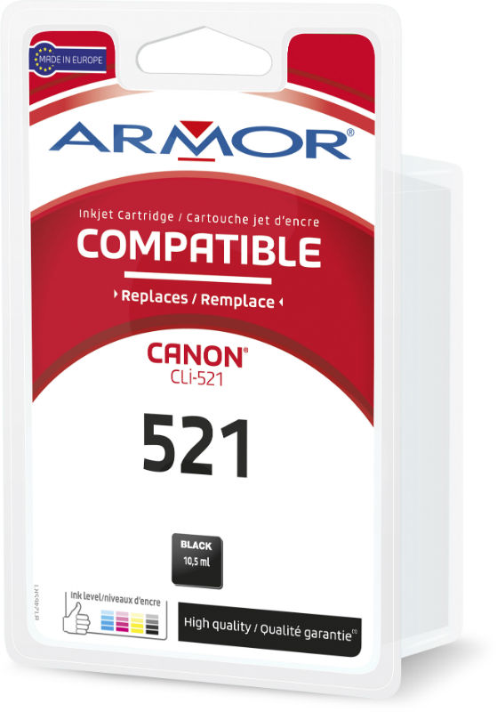 Ref. ARMB12465R1, Cartouche d'Encre Compatible Canon CLI-521 pour Imprimante Jet d'Encre Canon., Noir, marque ARMOR