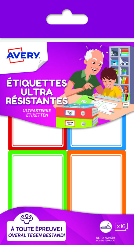 Ref. AVERES16, Pochette de 16 étiquettes scolaires ultra-résistantes, marque AVERY