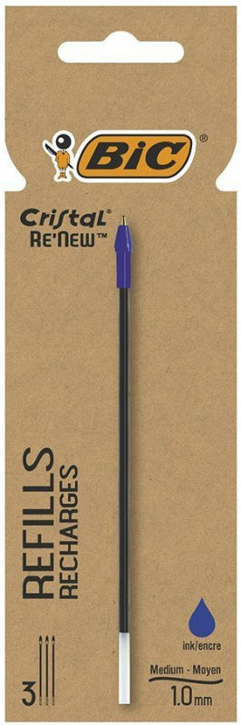 Ref. BIC503838, Paquet 3 recharges stylo-bille Cristal Re'new PM bleu, Bleu, marque BIC