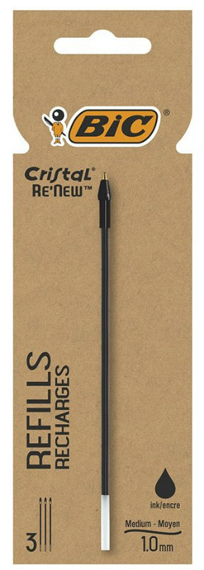 Ref. BIC503839, Paquet 3 recharges stylo-bille Cristal Re'new PM noir, Noir, marque BIC