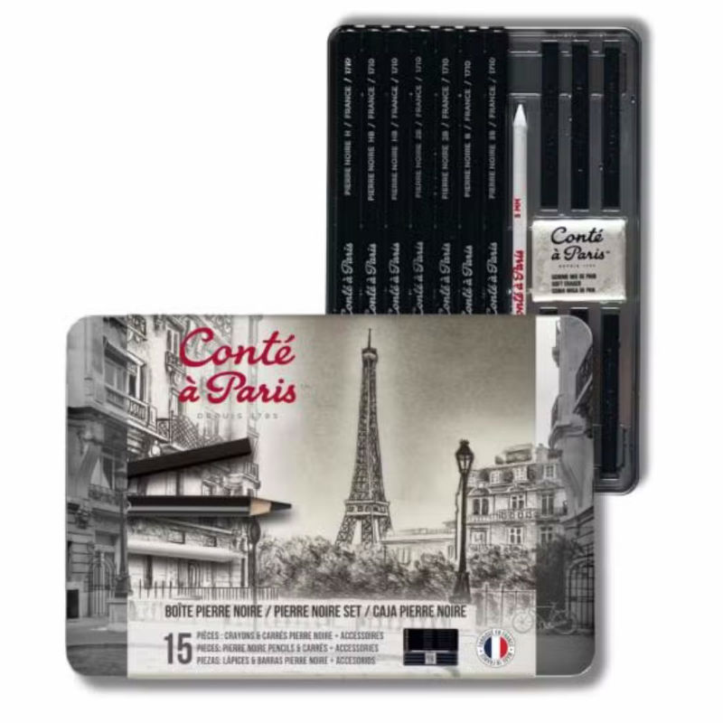 Ref. COL750410, Boîte métal 15 pièces pierre noire, marque CONTE A PARIS