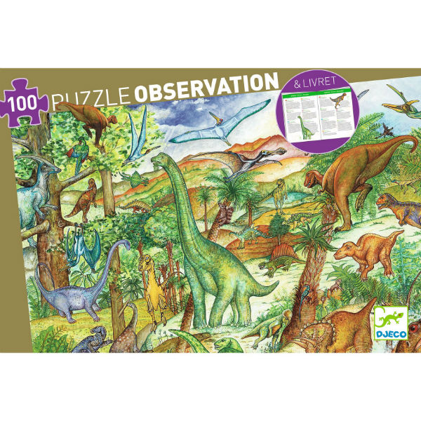 Ref. DJEDJ07424, Puzzle 100 pièces les dinosaures + livret, marque DJECO