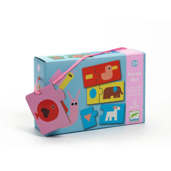 Ref. DJEDJ08256, Boite de 12 puzzles duo, formes et animaux, marque DJECO