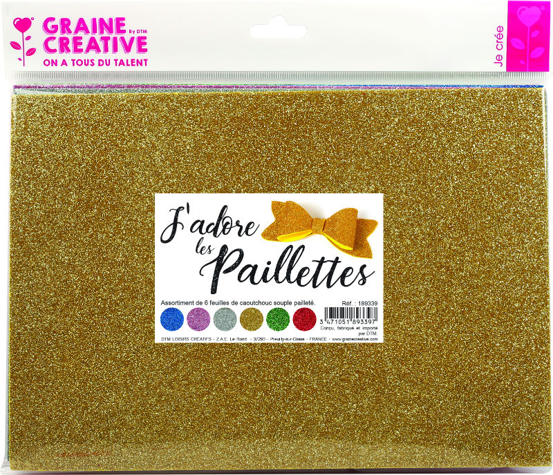 Ref. GRA189339, Lot de 6 feuilles caoutchouc pailletées, marque GRAINE CREATIVE