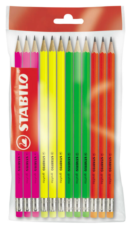 Image de  Pochette de 12 crayons à papier HB Stabilo Swano fluo bout gomme 