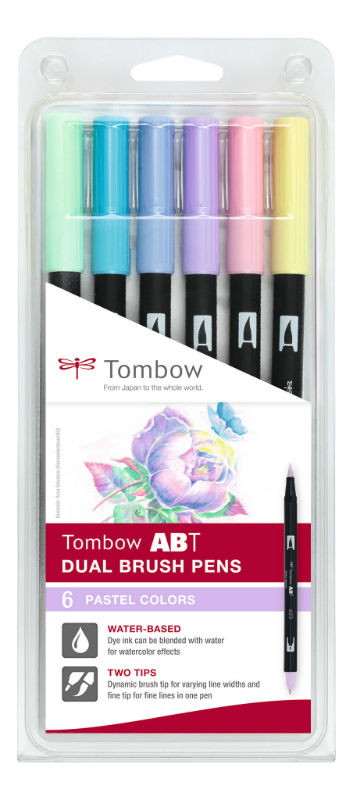 Ref. TOMABT6P2, Set 6 Tombow ABT dual brush pen - pastel, Assorties, marque TOMBOW